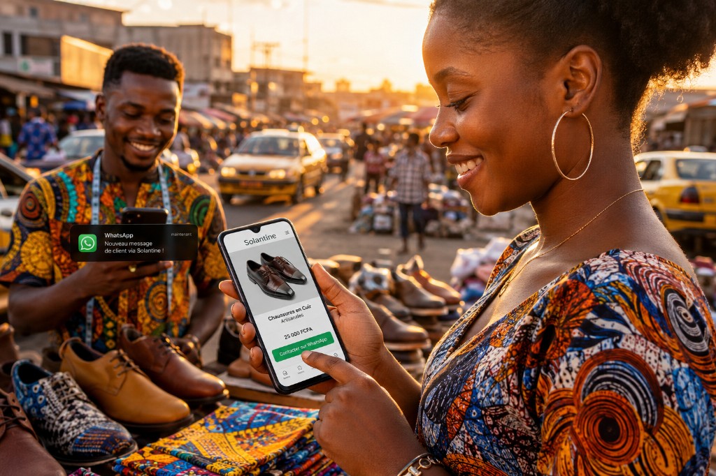 Marché Douala — client clique, artisan reçoit WhatsApp